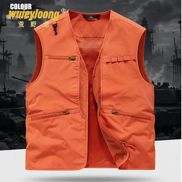 V领大码运动背心男士新款宽松网眼透气多口袋户外速干钓鱼马甲