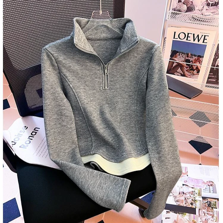 2025春秋新款打底衫女拼接拉链设计感百搭休闲显瘦时尚洋气上衣女