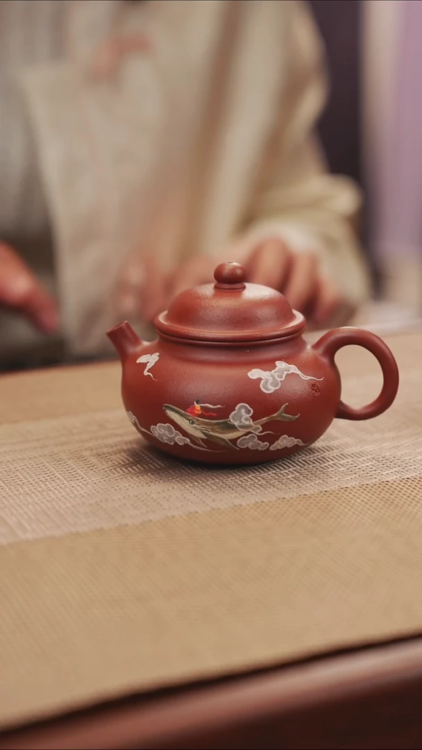 原矿朱泥大红袍容天泥绘砂壶22