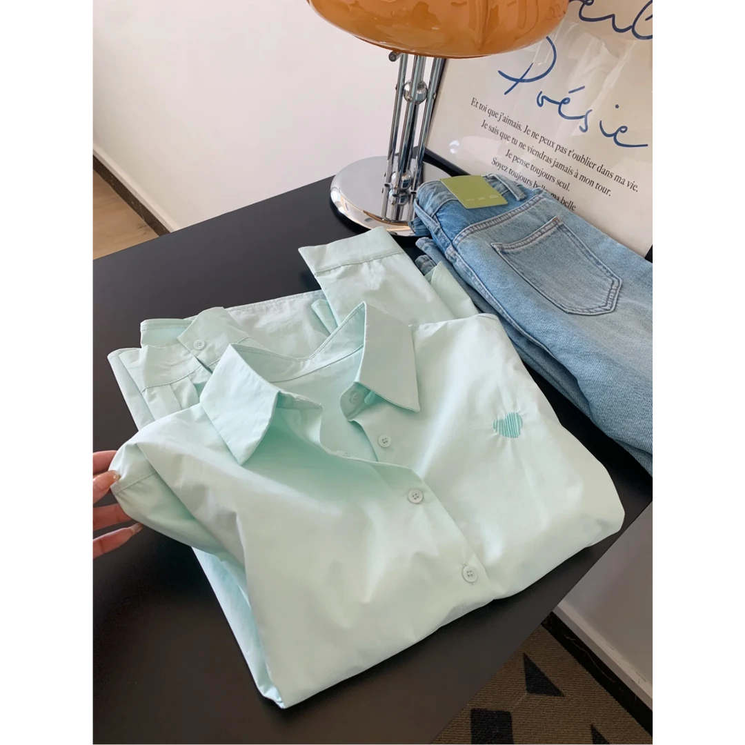 韩系薄荷曼波绿色长袖女士气质上衣百搭外穿衬衫春季衬衣女小个子