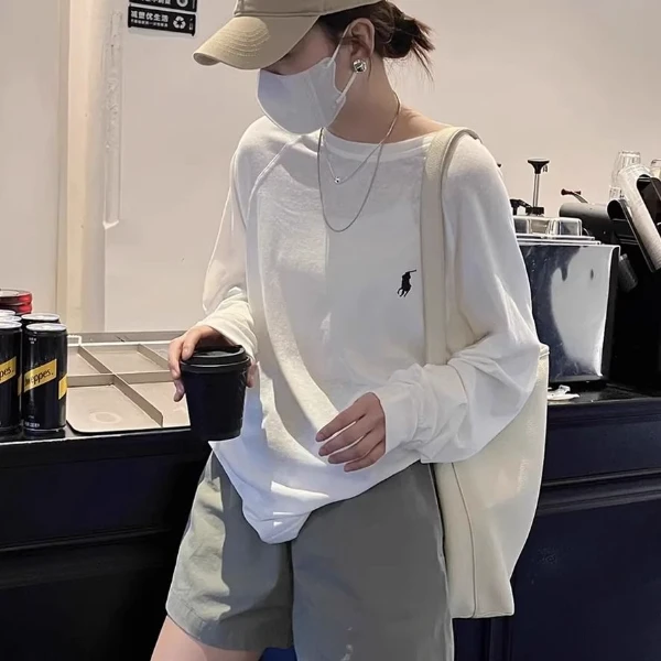 2025春季防晒圆领罩衫慵懒风宽松休闲白色上衣长袖打底衫T恤女