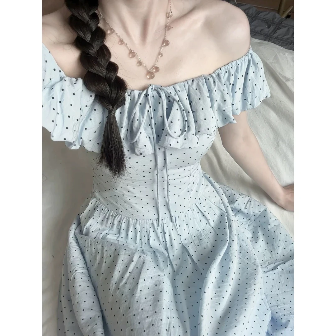 【甜心少女】纯欲风法式蓝色波点连衣裙夏季一字肩气质修身收腰长裙