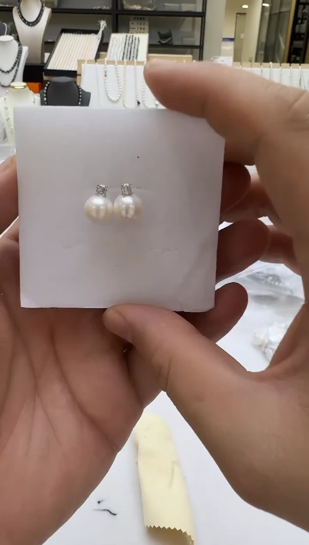 银S925镶嵌淡水珍珠耳钉10mm 无核-王妃款