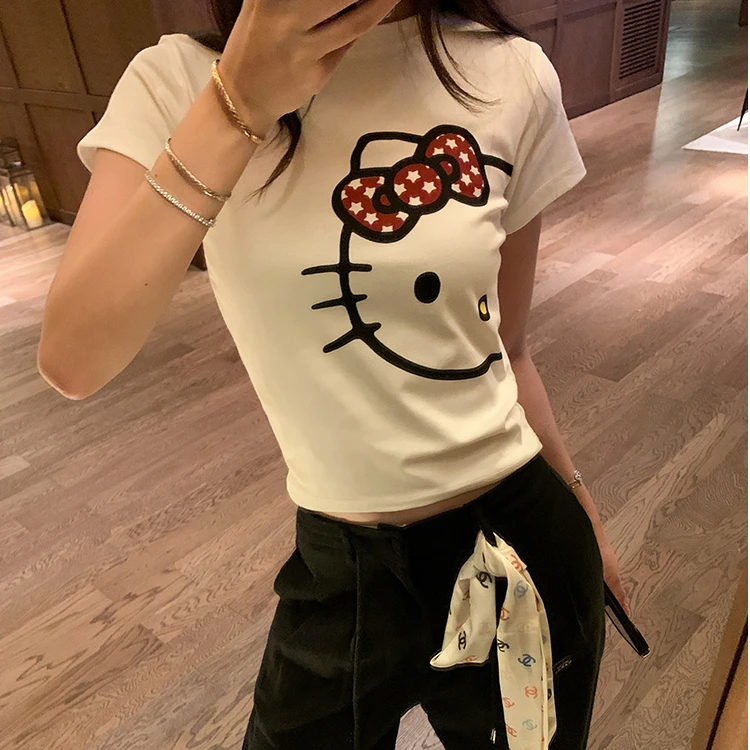 甜沁喵袭 夏季新款修身圆领kitty短袖印花园领T恤上衣女