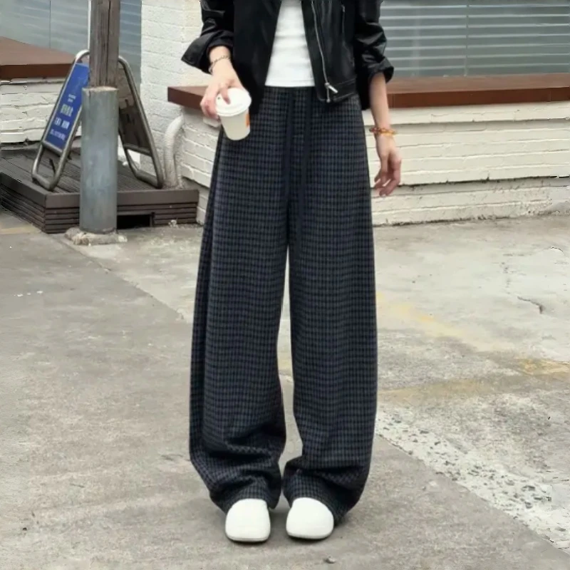 秋冬新款加绒保暖格纹阔腿裤休闲百搭格子裤高腰宽松显瘦弯刀裤女