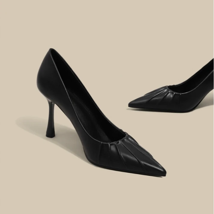 Moleubak黑色绝美细跟高跟鞋女法式气质尖头不累脚褶皱单鞋7cm