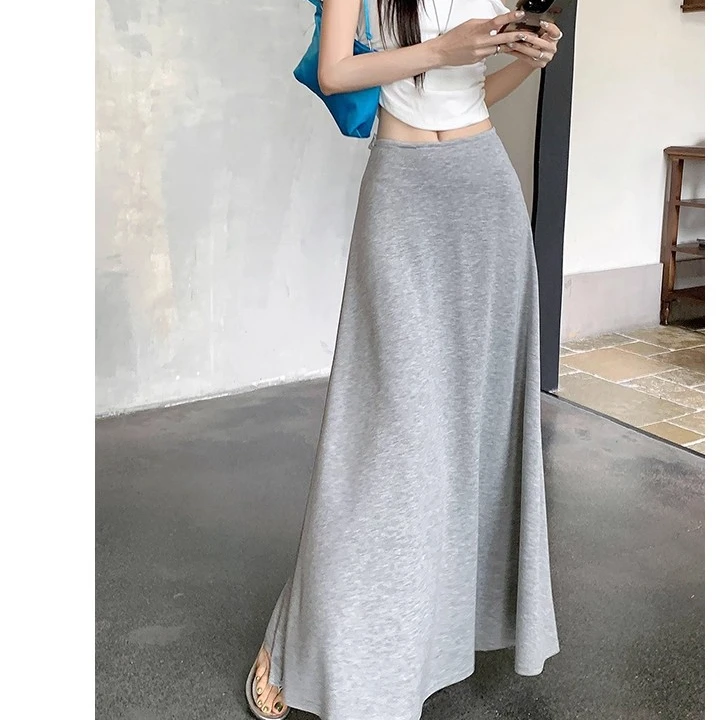 灰色莫代尔垂感半身裙女夏季中长款高腰a字包臀裙小个子鱼尾长裙