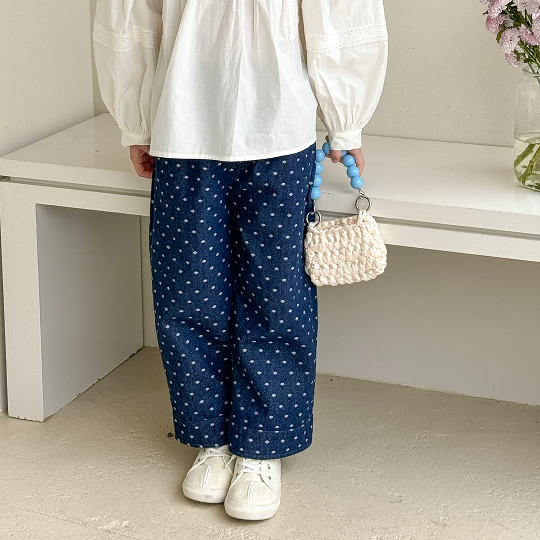 现货【弗恩】100%棉直筒牛仔裤4224长裤无弹力春装女宝百搭波点裤