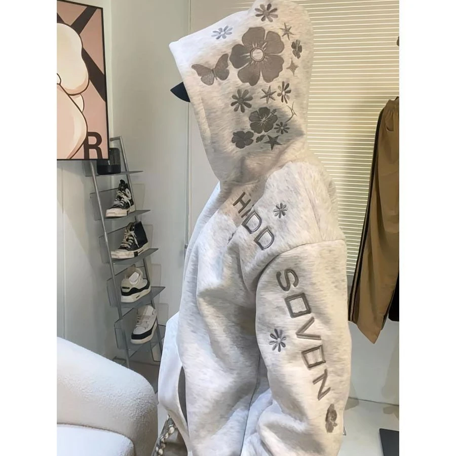 特大码300斤帽子花卉刺绣连帽加绒卫衣女秋冬宽松情侣ins休闲帽衫