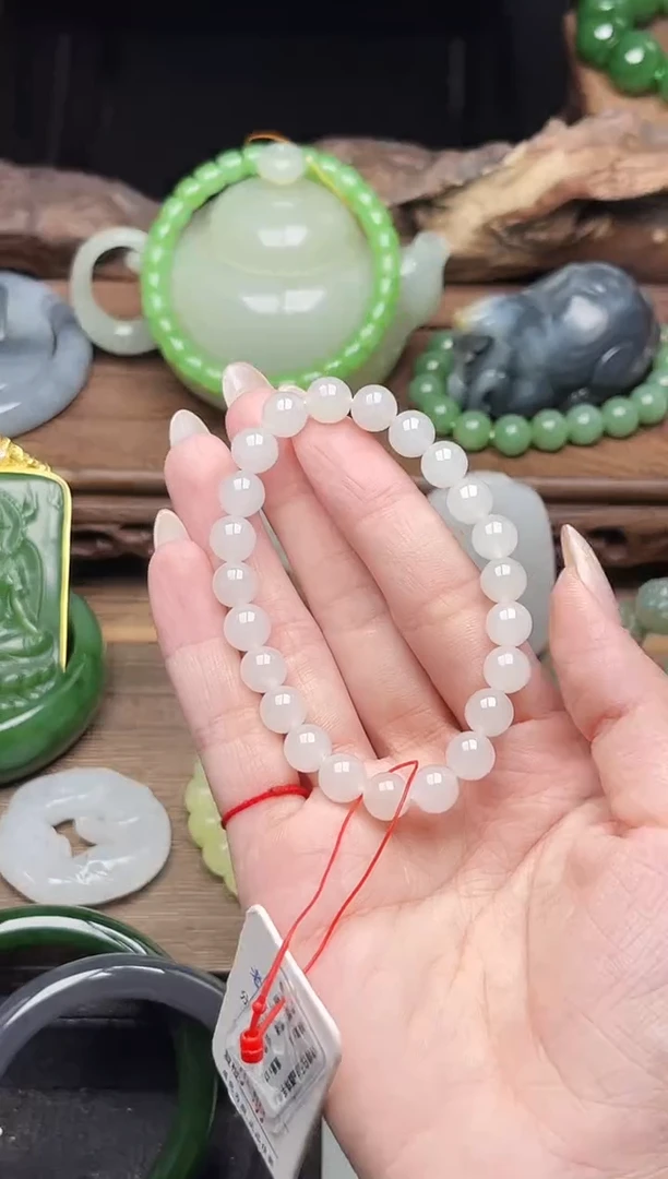 未镶嵌手串和田玉卡8青海白玉 圆珠9008695有瑕疵