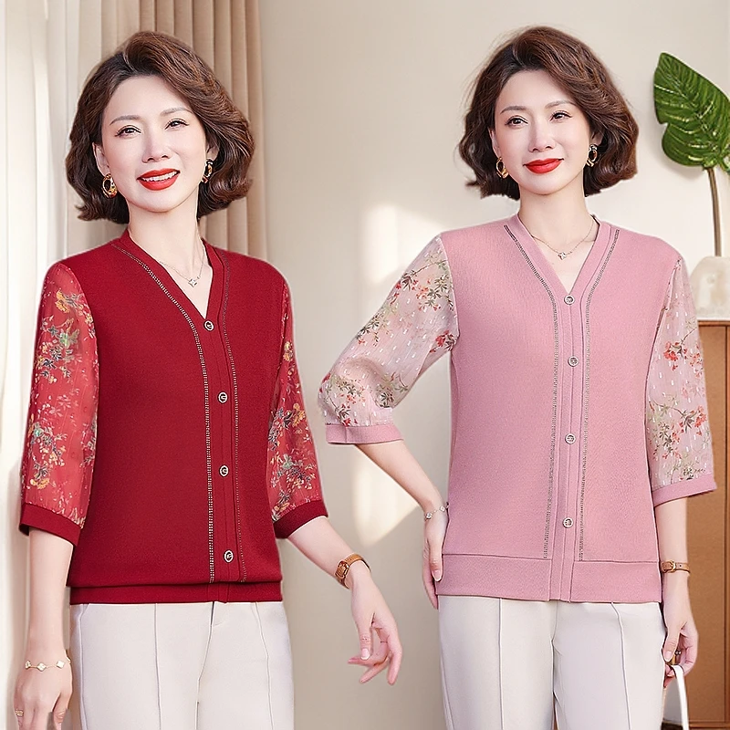 夏季新款妈妈针织衫薄款时尚洋气纱袖小衫时尚中老年女针织衫上衣