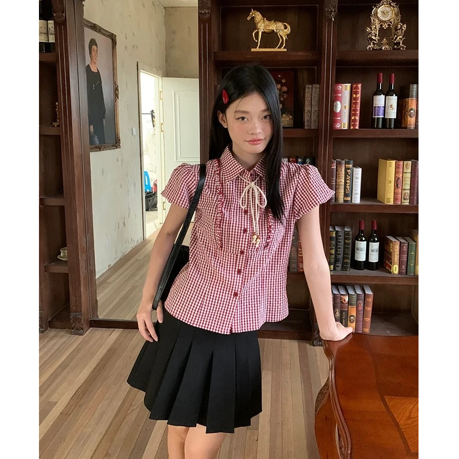 红色格子泡泡袖短袖衬衫夏季宽松显瘦新款设计感