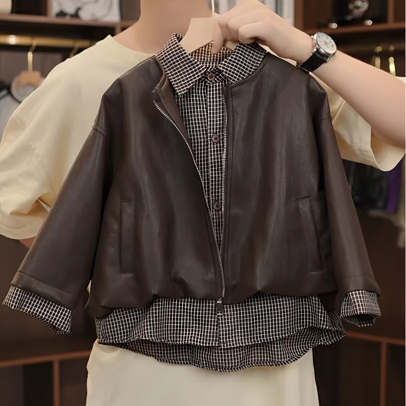 2025新款男女童洋气时尚百搭潮流复古假两件格子皮衣外套韩版