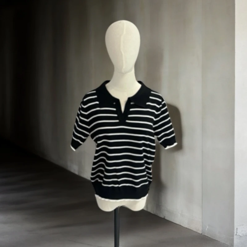2025夏季休闲翻领针织短袖黑白条纹时尚百搭简约风女polo衫显瘦女