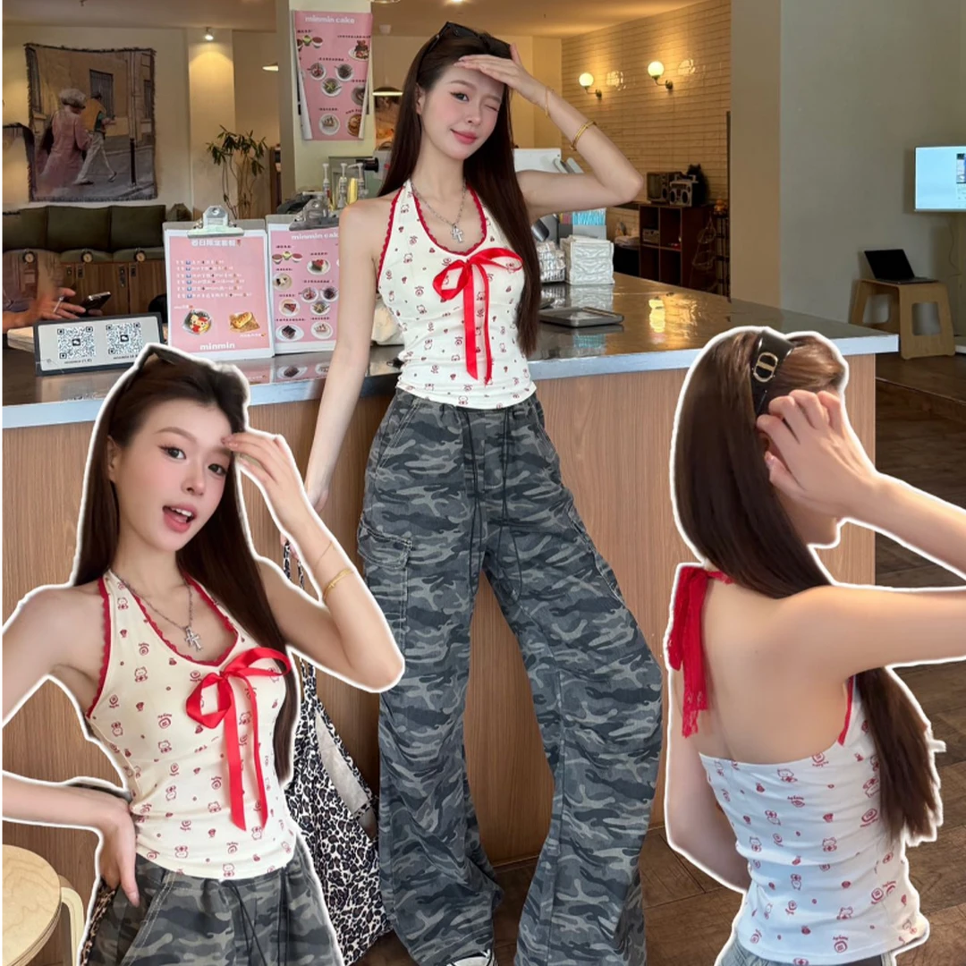 女装吊带无袖蝴蝶结背心蕾丝带胸垫背心遮副乳露脐吊带蜘蛛网美背