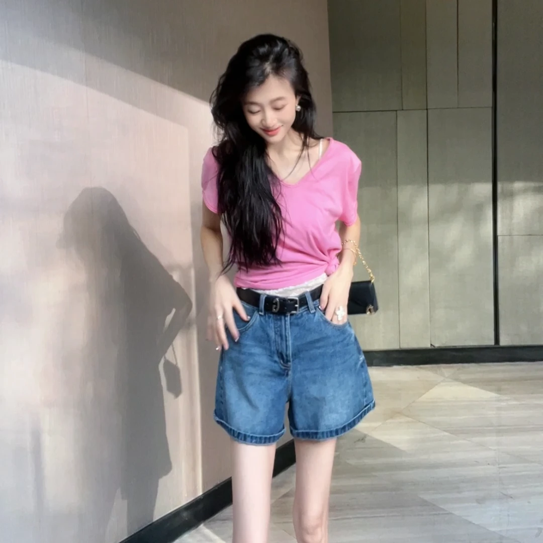 原创设计牛仔高腰阔腿短裤女