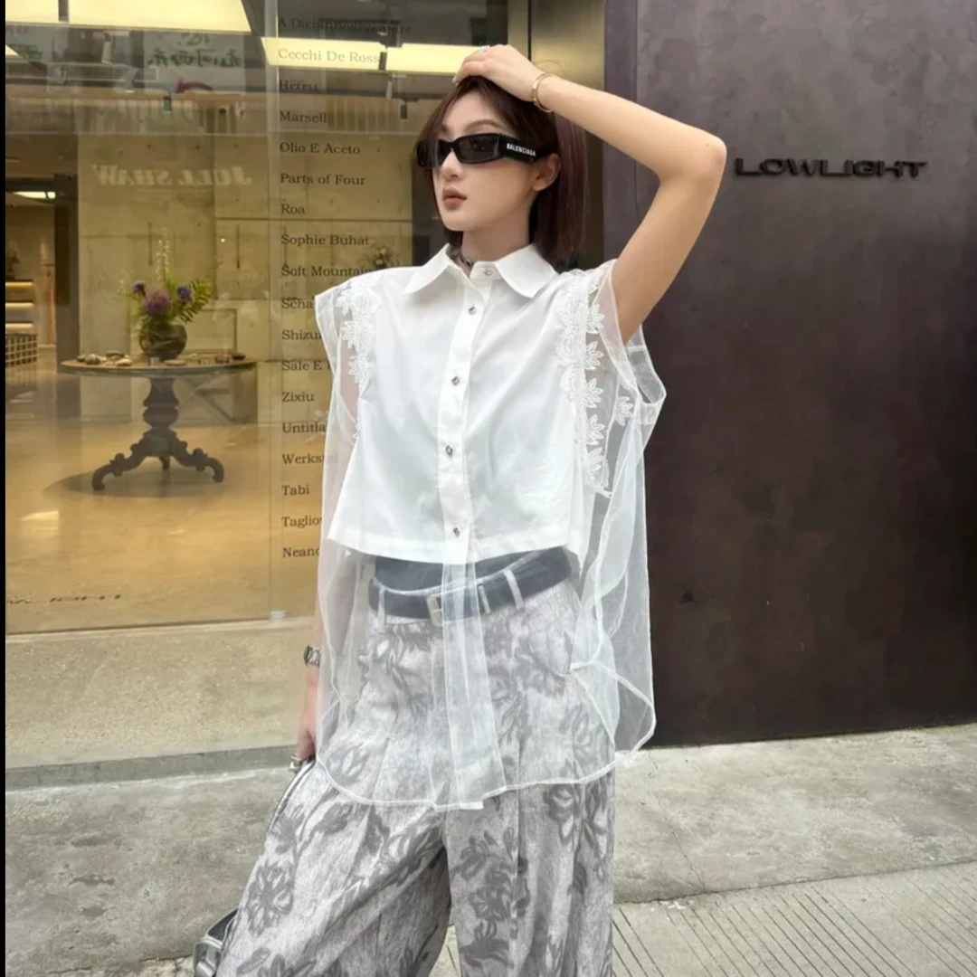 韩版蕾丝网纱拼接无袖衬衫宽松显瘦中长款高级感时尚气质休闲上衣