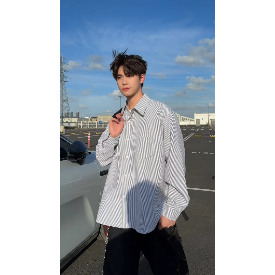 条纹衬衫男学院风夏季潮牌简约设计cityboy蓝色长袖衬衣防晒外套