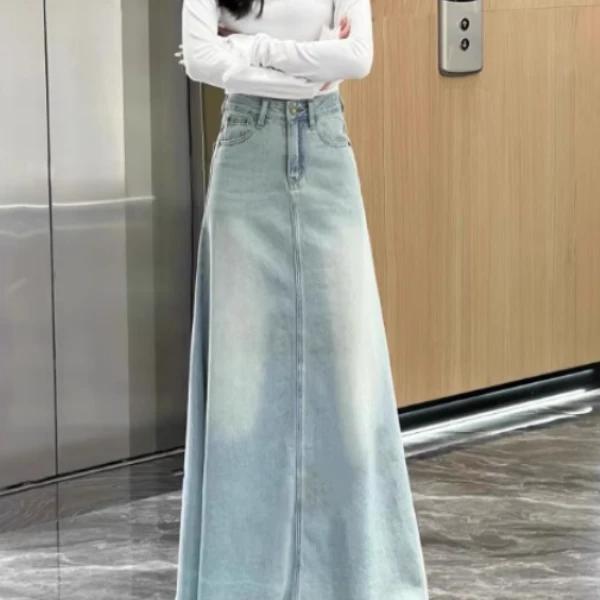 2025夏季新款韩系百搭高腰水洗牛仔裙复古显瘦大摆高级感半身长裙