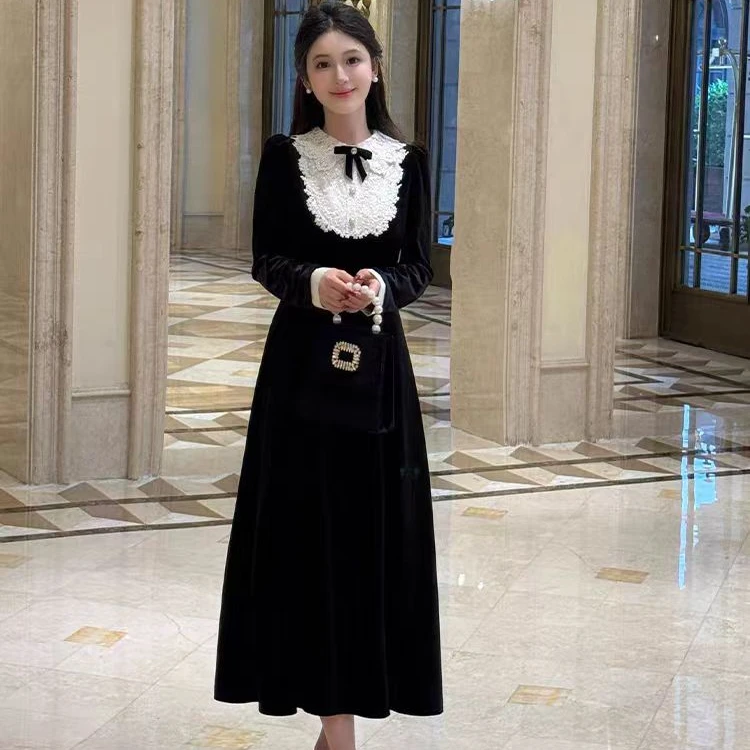 （芸品专属1）法式千金赫本风长裙子2025秋新品大码胖妹妹连衣裙女