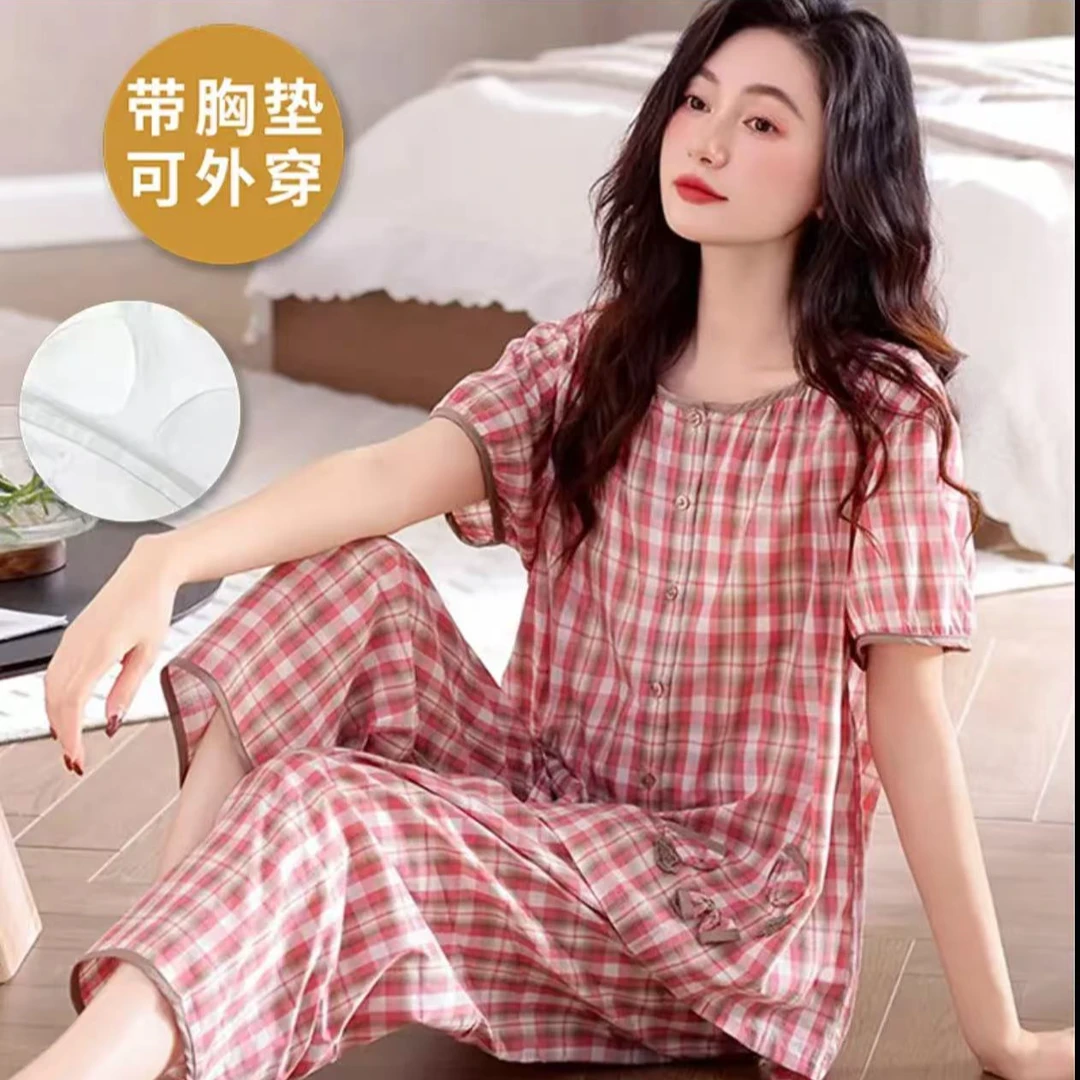 夏季薄款女士睡衣带胸垫可外穿家居服2025年新款短袖宽松舒适套装