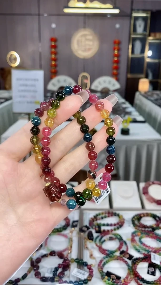 老矿碧玺色标彩虹两圈手串6mm+未镶嵌碧玺dan多样性发货一条
