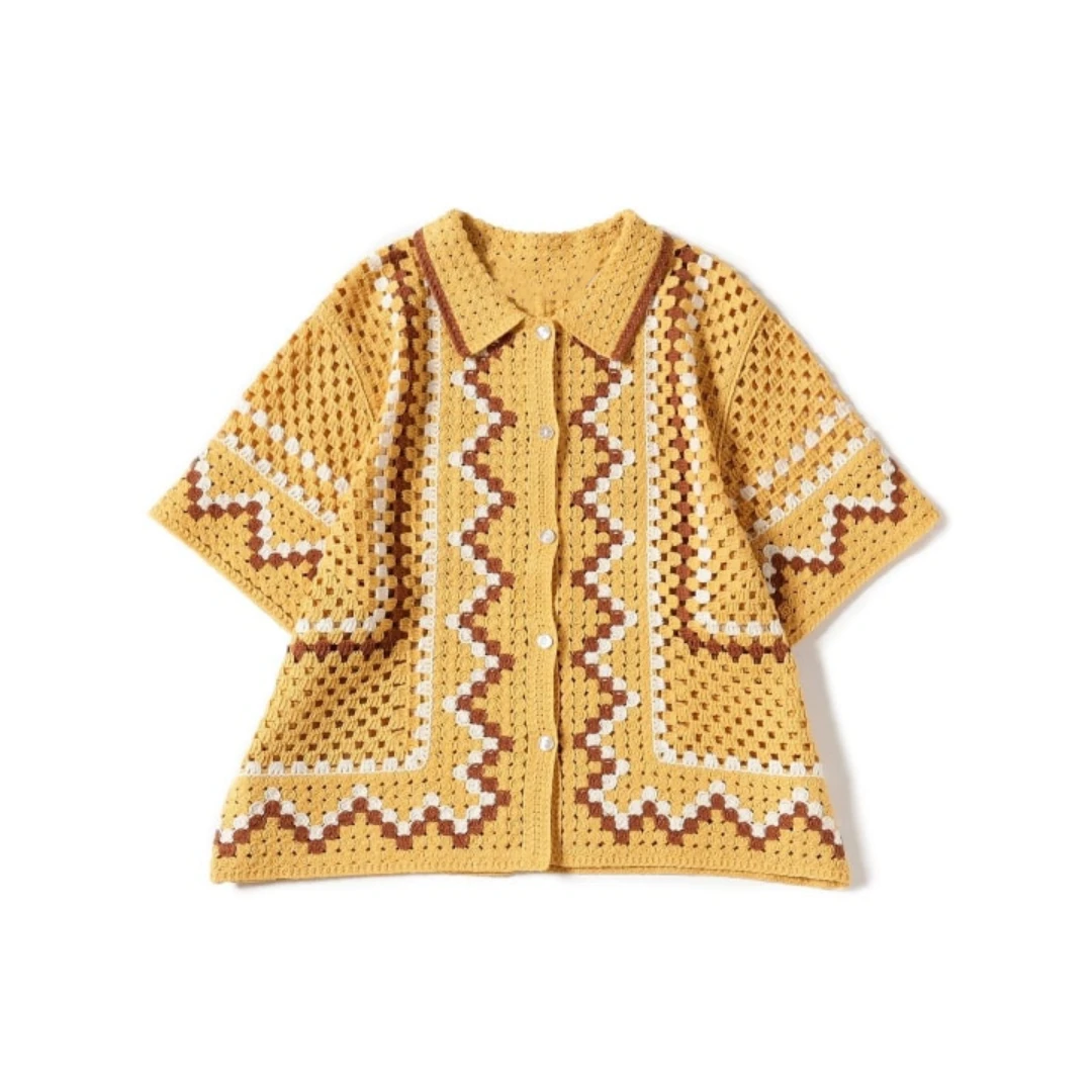 【胖虎家】春季新款 R 时尚钩针编织重工镂空上衣彩色针织衬衫