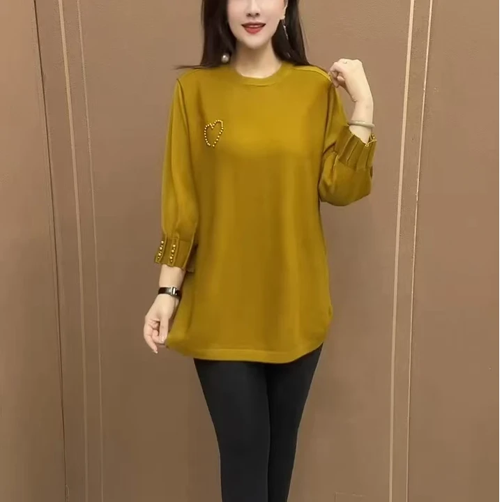 2025春季新款时尚女士高档设计拼接珠子针织衫洋气九分袖毛衣衫