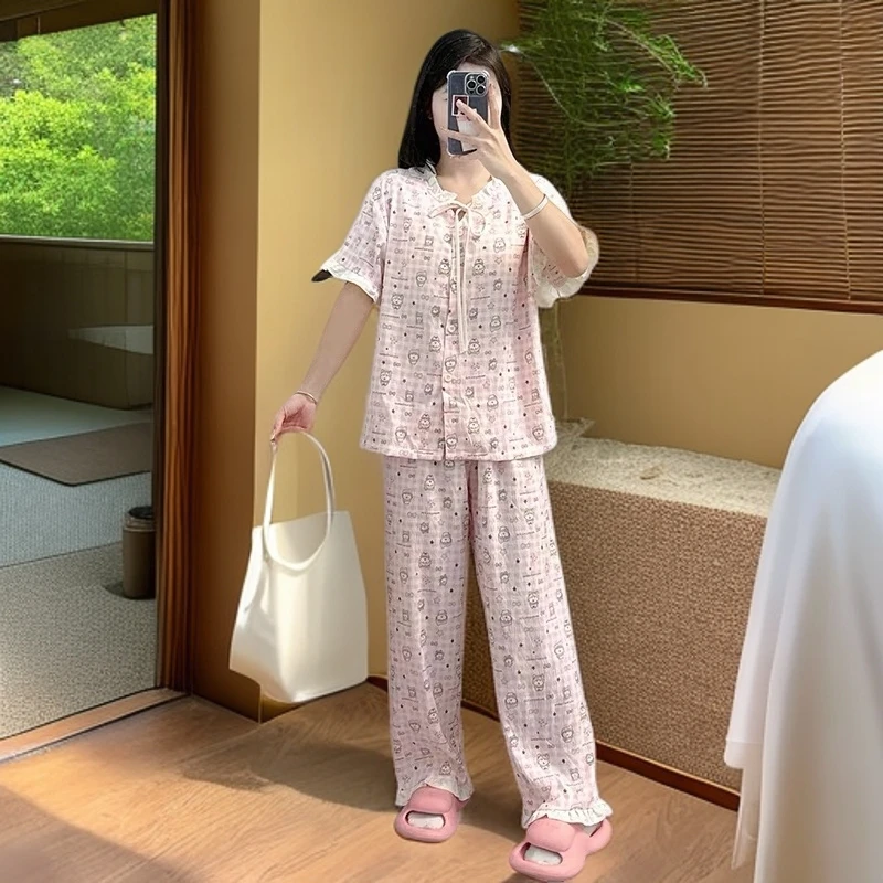241#  可爱熊 带胸垫睡衣公主风短袖长裤夏天休闲宽松家居服套装