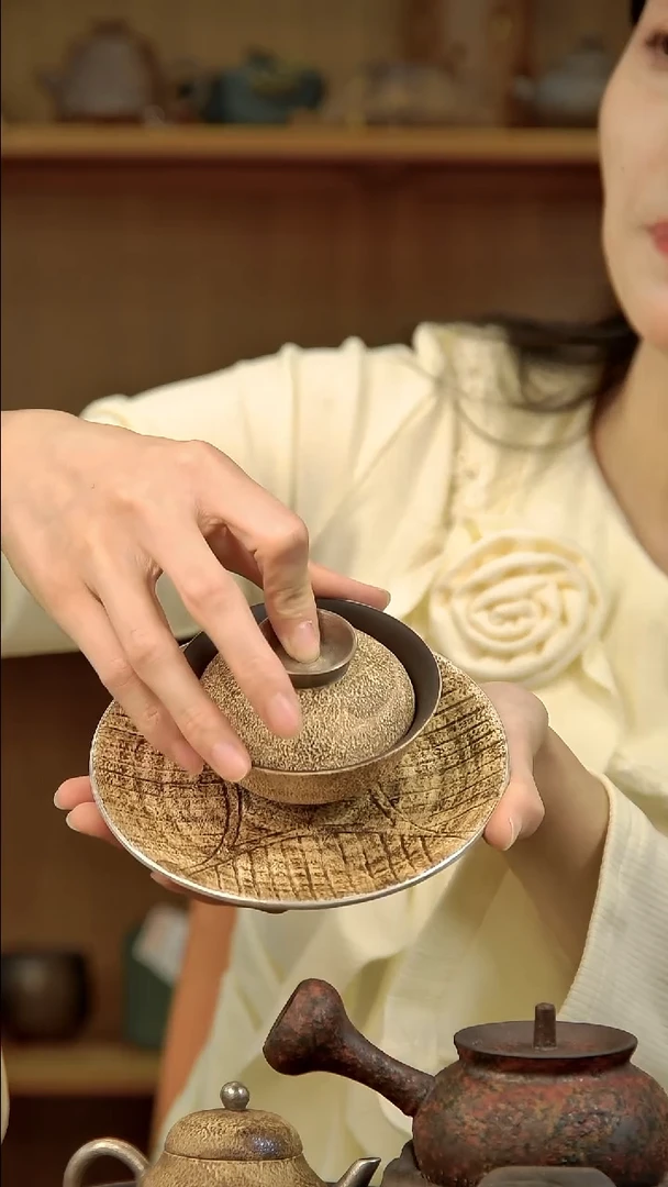 言野手作 粉引仿古小桥三才盖碗