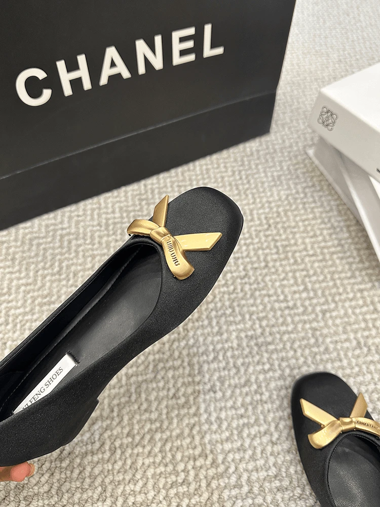 增高方头蝴蝶结内增高法式单鞋女鞋低跟瓢鞋百搭时尚夏季黑色平底