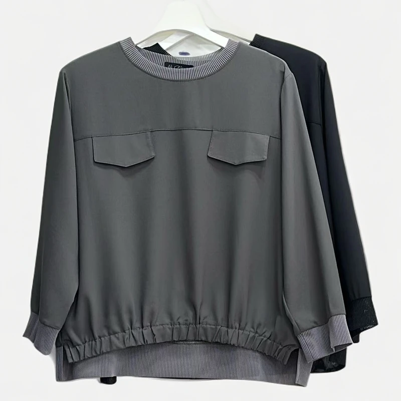 【xineba3】韩国女士拼接螺纹圆领雪纺长袖体恤时尚百搭舒适