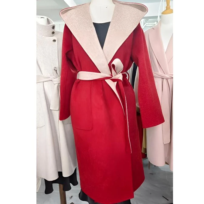 7#秋冬新品高端品质双面双色纯绵羊毛大衣时尚女超长连帽24060