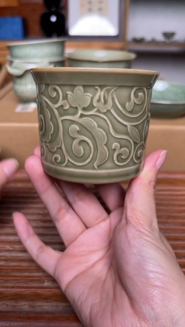 瓷器耀州窑唐草纹大缸杯 微瑕