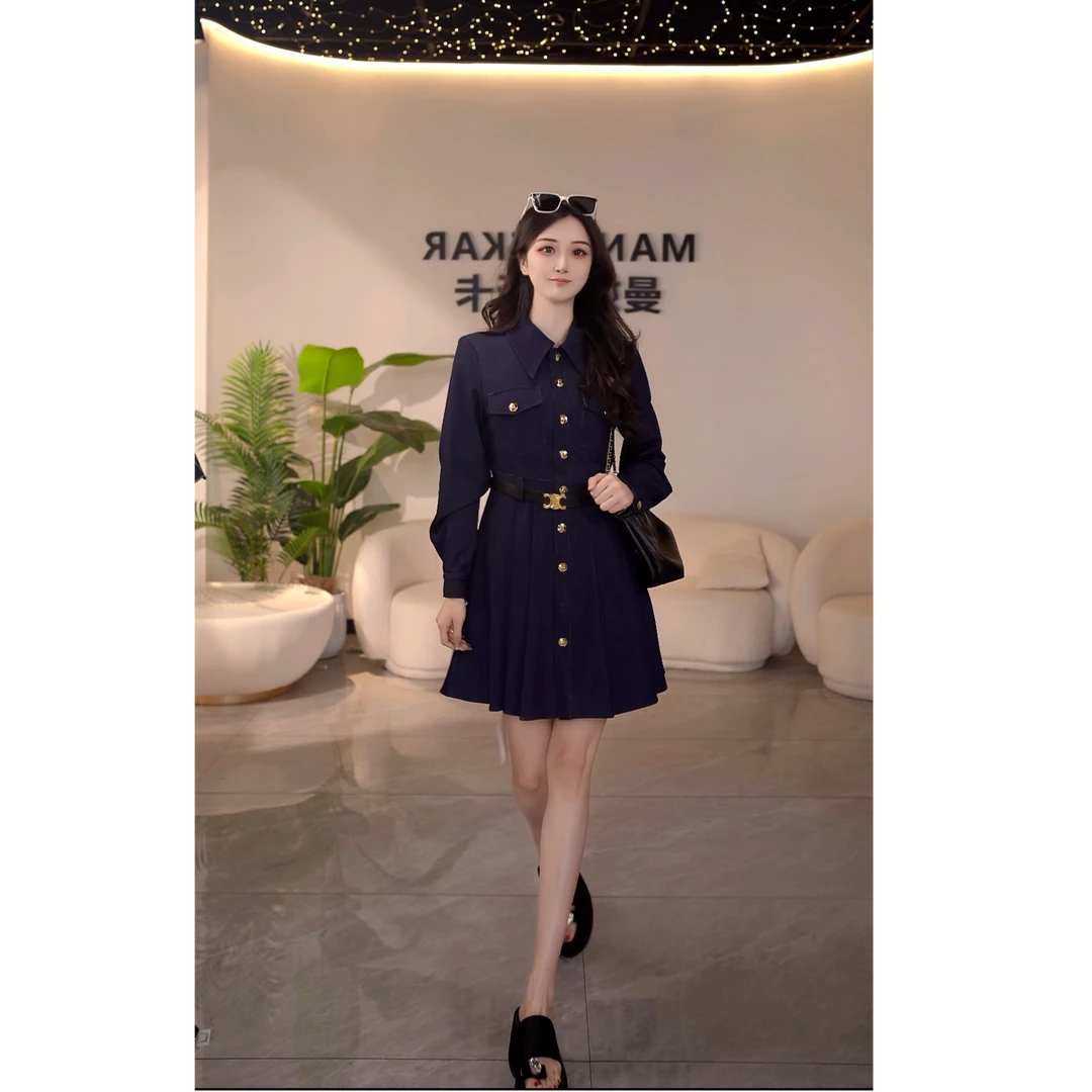 2025年早秋新款法式小众气质收腰连衣裙女长袖翻领牛仔裙VE0032