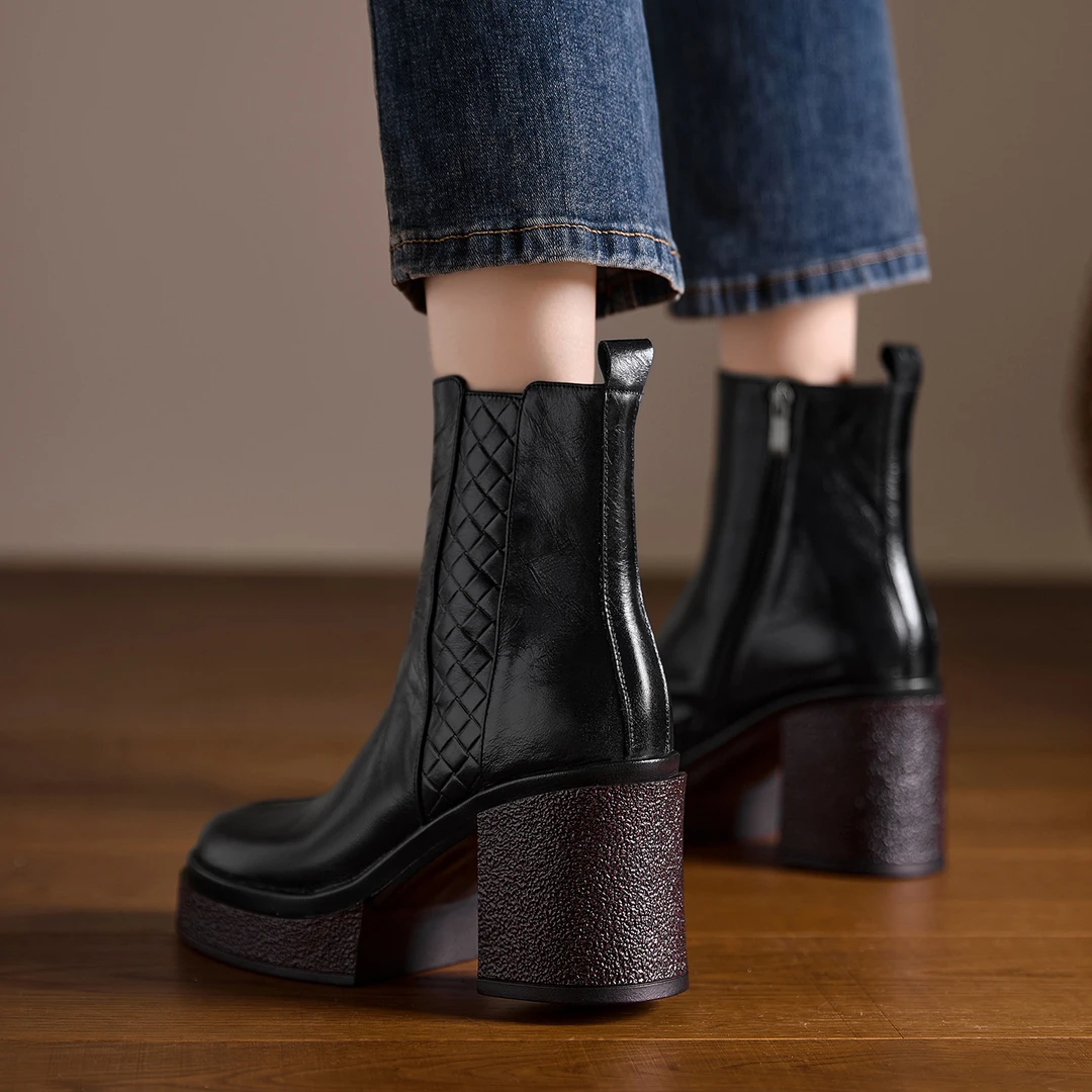 AACCK女鞋~2025秋冬新款防水台高跟短靴真皮增高厚底马丁靴烟筒靴