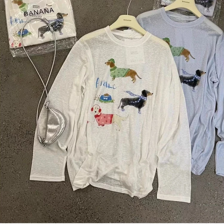 早秋软糯叠穿打底女~雪花棉趣味腊狗印花t恤宽松百搭防晒罩衫春夏