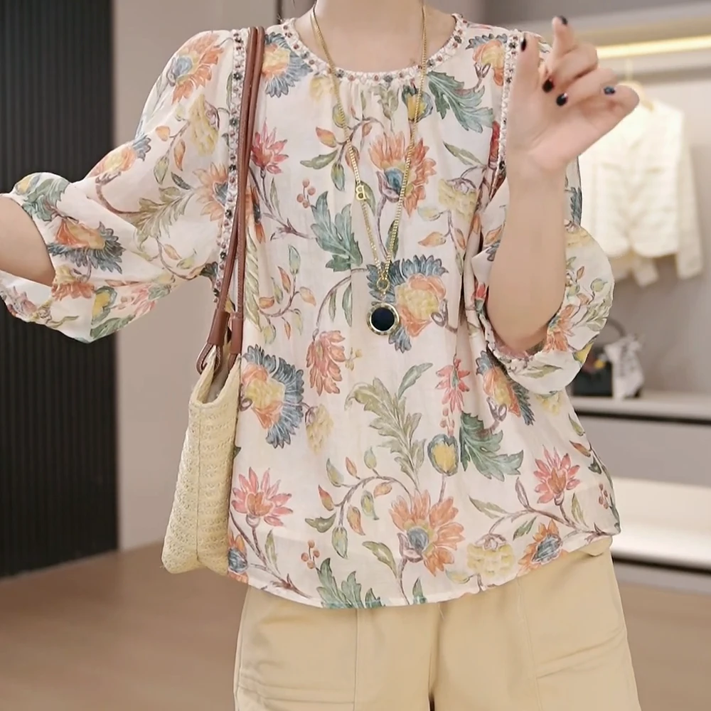 【复古】2025夏季新款复古印花上衣显瘦小衫半袖衬衫碎花短袖上衣