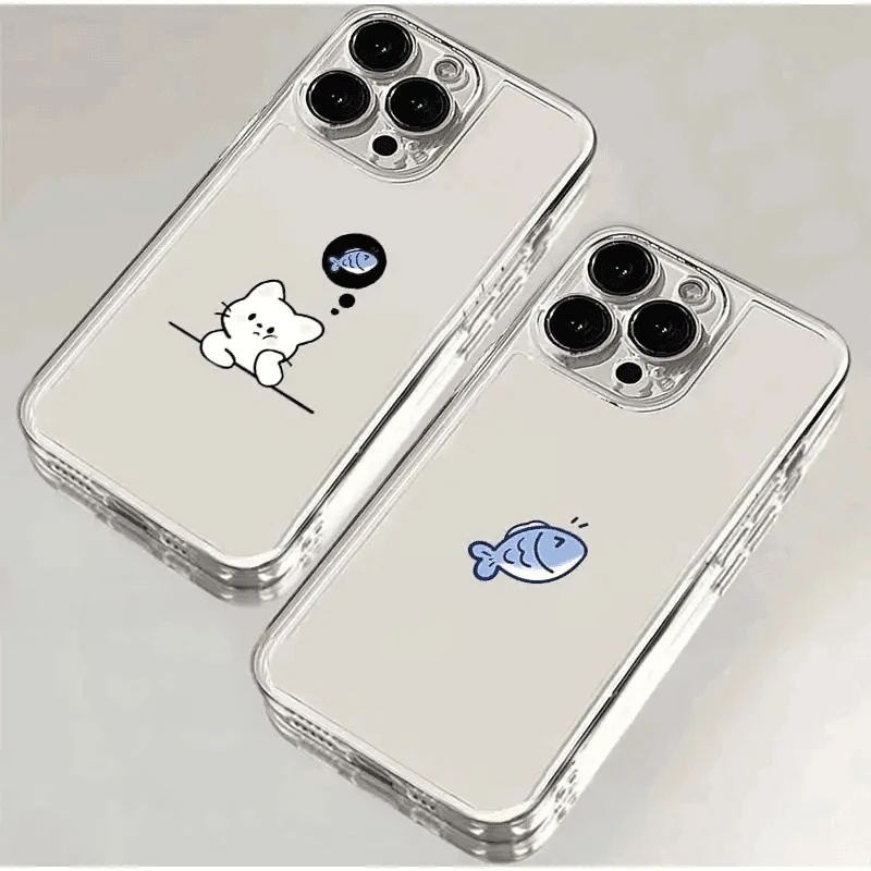 情侣小猫小鱼适用苹果16/15promax透明太空壳13/华为OPPOvivo小米