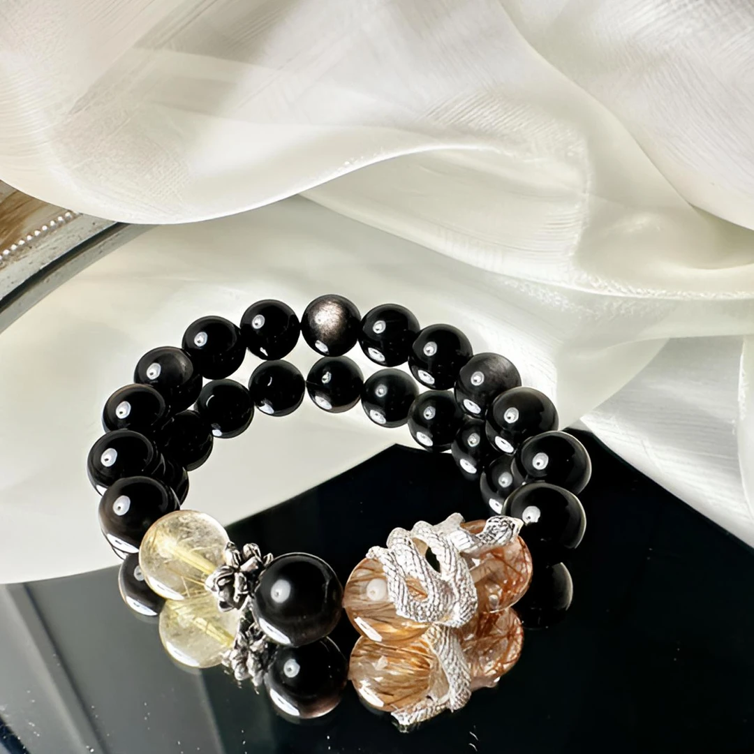 【圆圆如意】蛇年守护10m银耀石+黑金超七+金发晶手串多样性发一