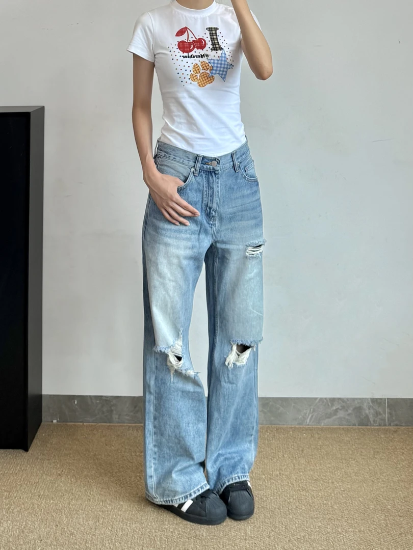 XTD 美式复古水洗破洞蕾丝宽松直筒牛仔裤女高街阔腿cleanfit长裤