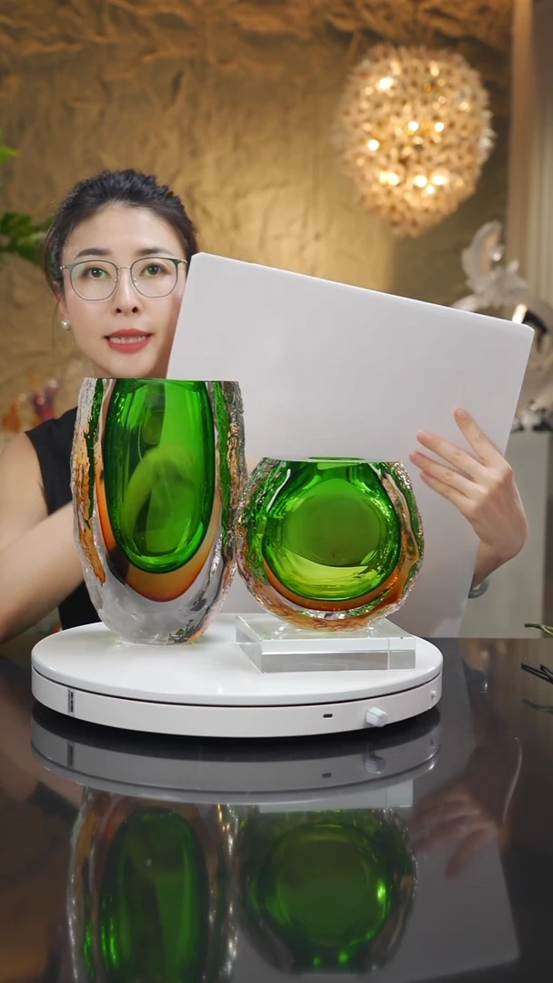 琉璃手工艺品福利琥珀绿花瓶一对