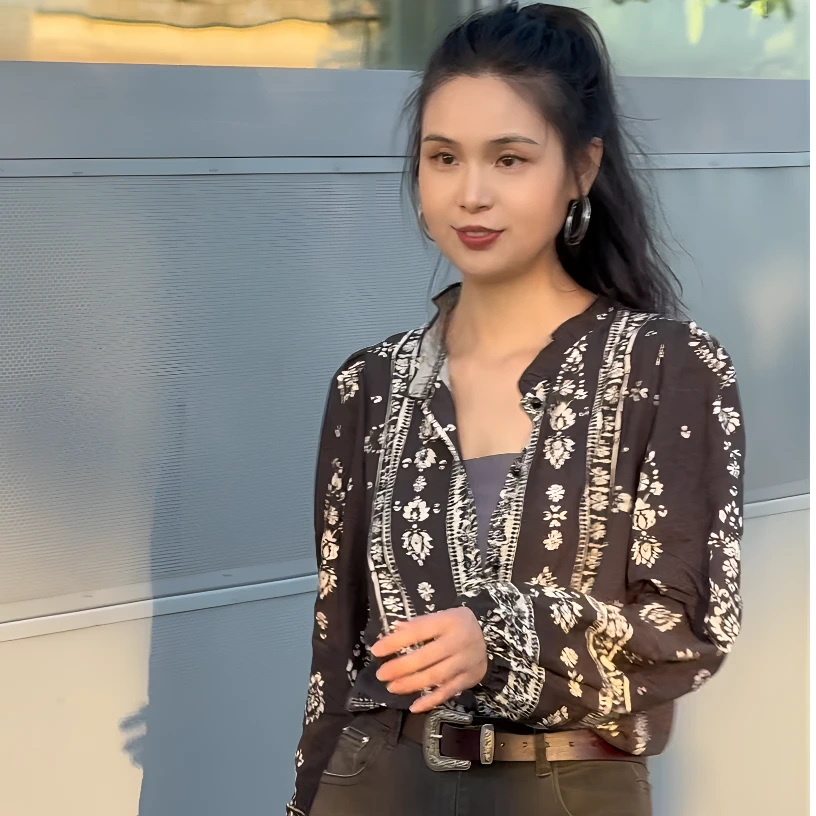 衬衫女圆领气质宽松型长袖碎花百搭V领通勤修身显瘦立领上衣