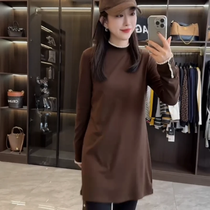 冬季新款蕾丝边加厚保暖卫衣女宽松遮肚显瘦时尚洋气中长款绒衫女