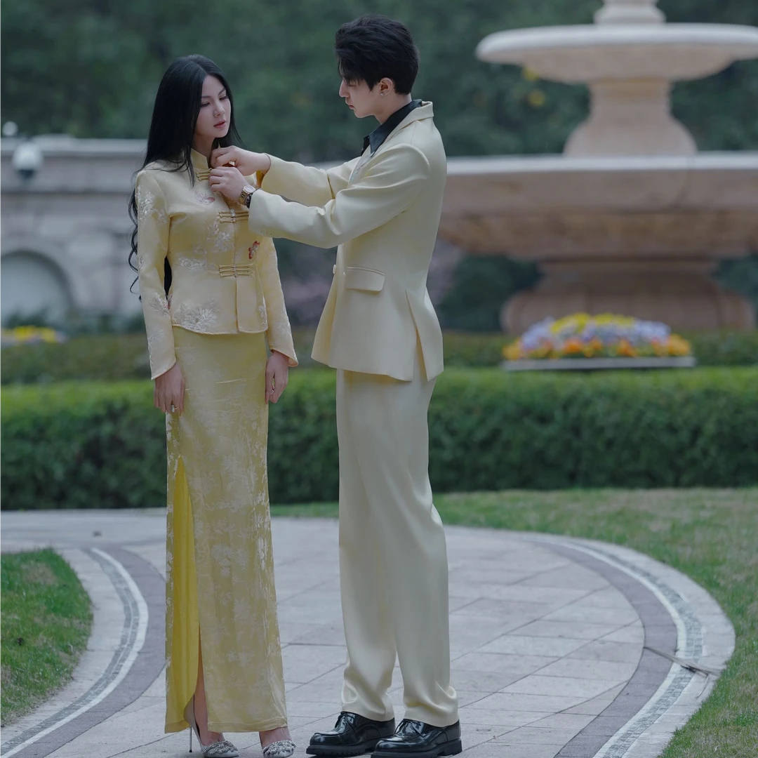 魏元高定/黄色新中式国风盘扣蝴蝶收腰上衣-0940