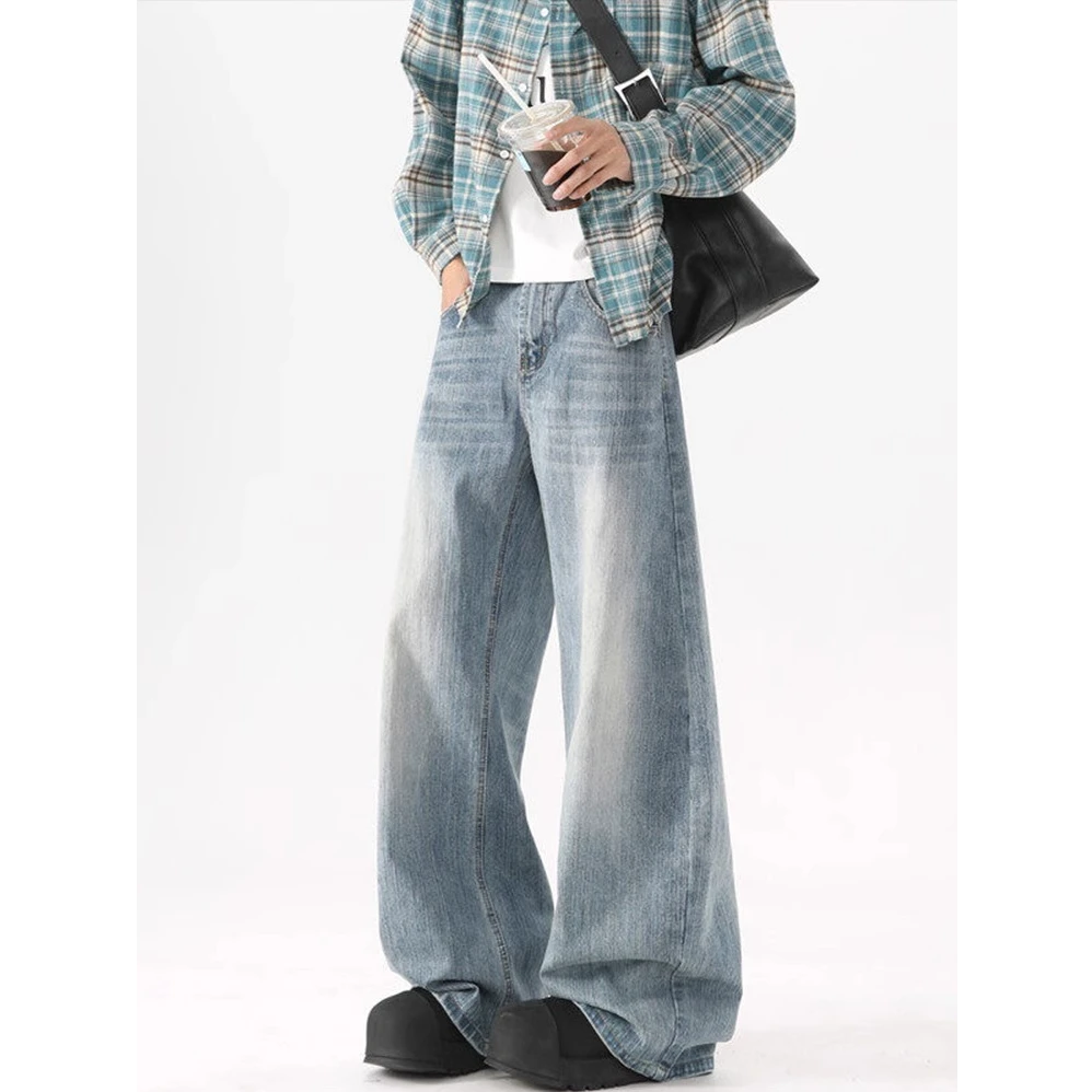 LIGGICC夏季美式复古竹节纹牛仔裤弯刀宽松百搭男女同款阔腿裤潮