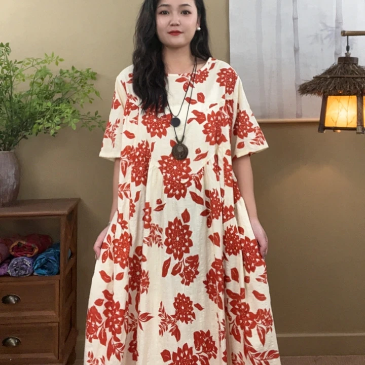 显瘦时尚夏季印花休闲风连衣裙透气慵懒风宽松中长款