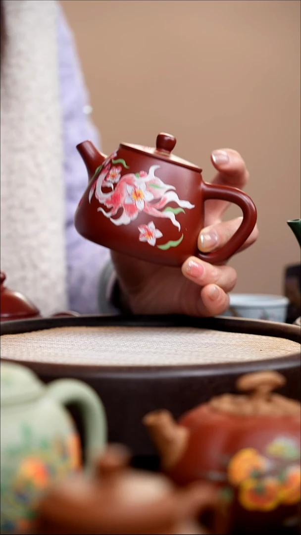 茶壶紫砂朱泥高石瓢泥绘金鱼