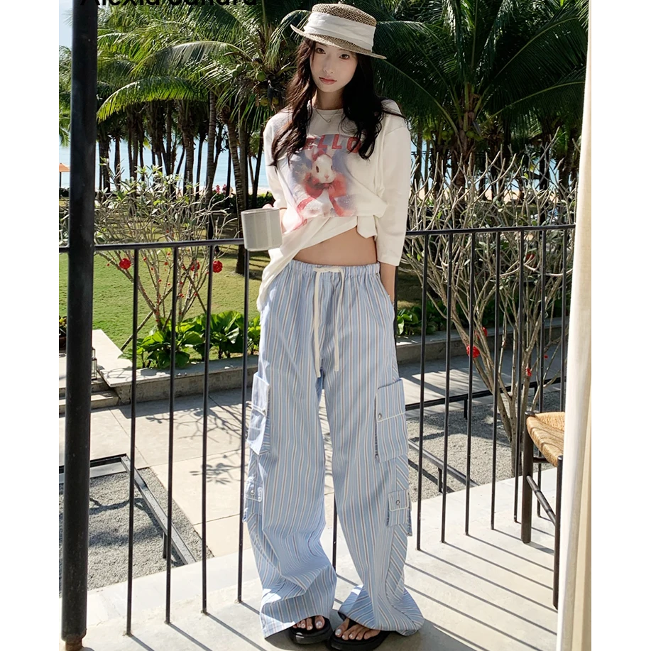 Alexia Sandra2025春夏新款多口袋解构分割撞色夹条边抽绳裤女
