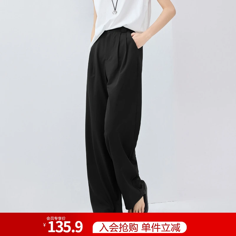 佐丹奴夏季阔腿休闲裤女装压褶中腰垂感西装料黑色长裤 05415064